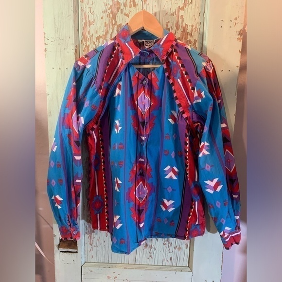 Vintage Adobe Rose 1992 Women’s Southwestern Aztec Print Long Sleeve Button Down - Picture 3 of 7
